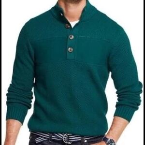 IZOD Men's Green 1/4 Button-up Mockneck Long Sleeve Cotton  Sweater Size L